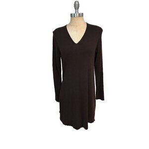 Eileen Fisher Brown Merino Wool Long Sleeve V-Neck Sweater Dress Small